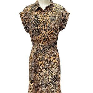 Lark & Grey Animal Print Midi Dress Medium Button Front Short Sleeve Leopard